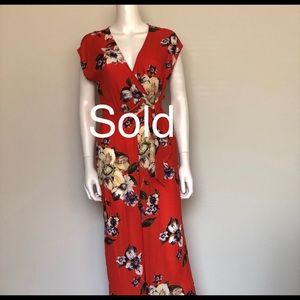 Forever 21 Tomato Plunging Floral Jumpsuit Small